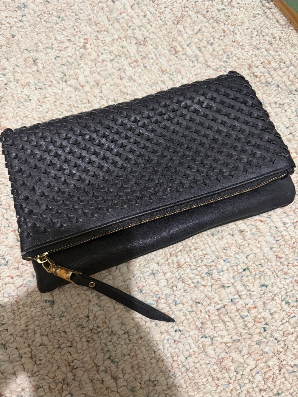 Woven Fold-Over Black Leather Clutch